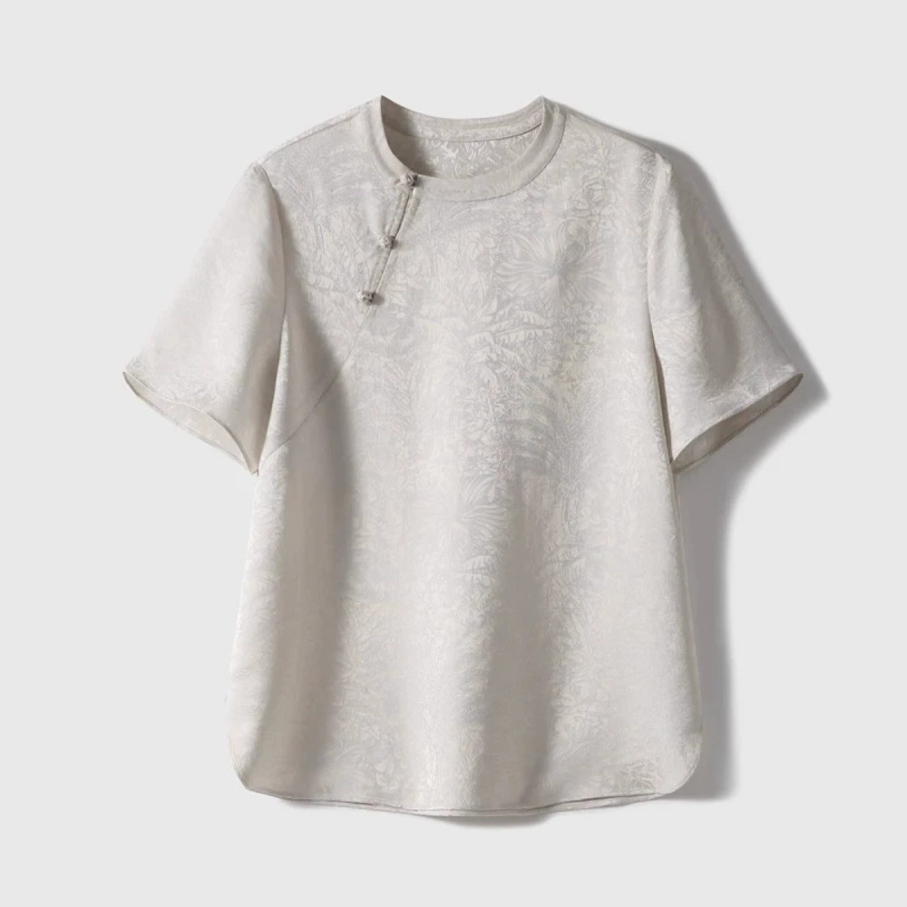 Elegant New Chinese Style Jacquard Asym Frog Button Loose Short Sleeve Top Women
